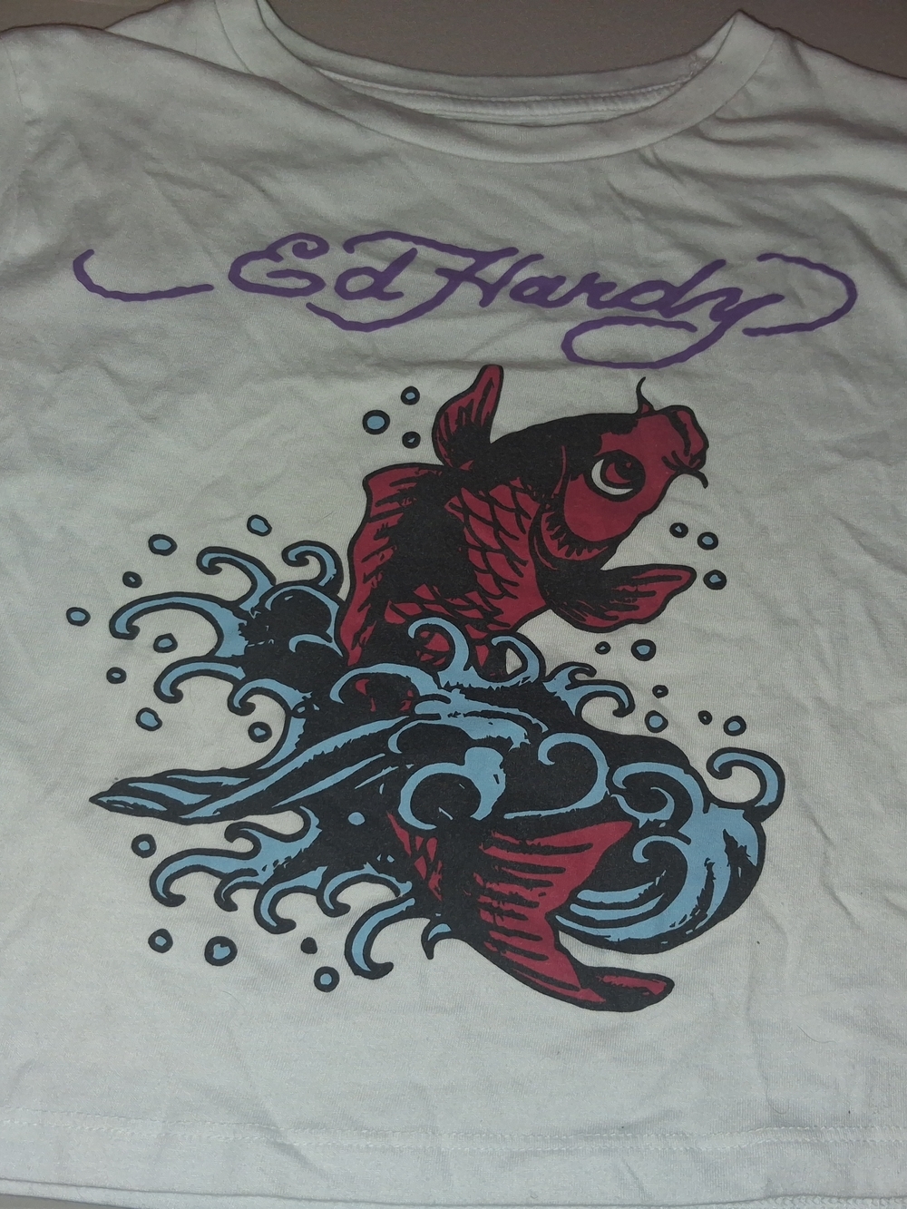Ed Hardy White Tee with Red Koi and Blue Wave Graphic